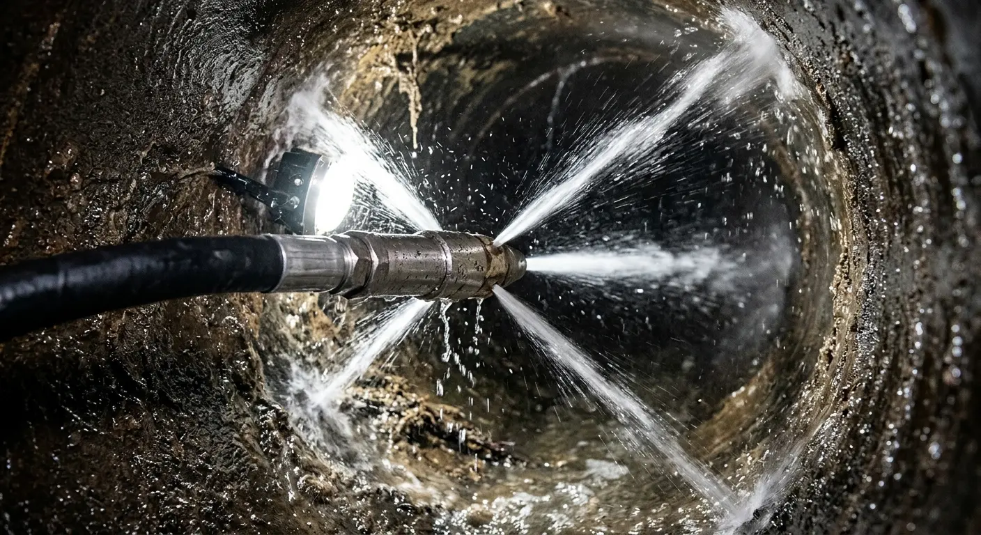 High-pressure hydro jetting nozzle cleaning sewer pipe for Emergency Drain Service in Weehawken