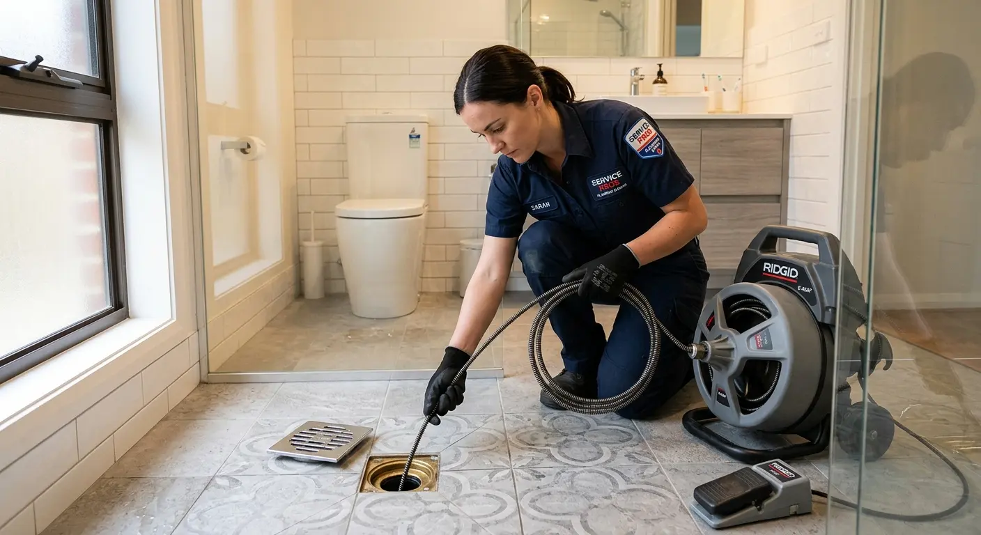 Technician clearing a bathroom floor drain for Sewer Line Installation in Weehawken
